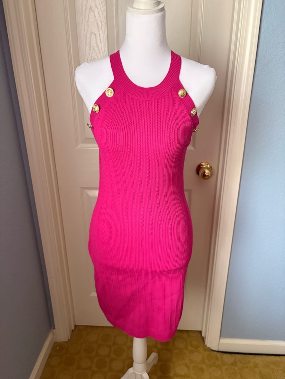 Sincerely Jules Hot Pink Ribbed Halter Dress with Gold Buttons